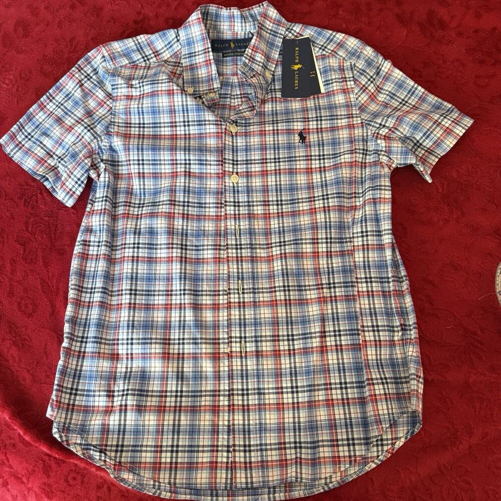 NWT Polo Ralph Lauren Big Boys Natural Stretch Plaid Cotton Shirt Medium (10/12)